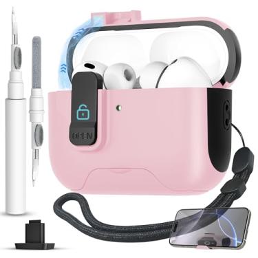 Imagem de Meiyasy Capa para AirPods Pro 3 (2025) com clipe de bloqueio seguro, capa rígida protetora contra queda total pop-up automático para Apple AirPod Pro 3ª geração com cordão e kit de limpeza (rosa)