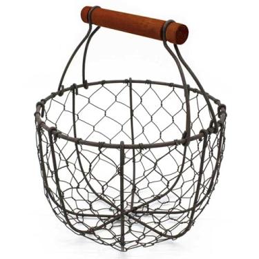 Imagem de CVHOMEDECO. Cesta de frutas com cesta de ovos de galinha com alça de madeira Primitives Vintage Gathering Basket. Rusty, Rusty, Round, 1