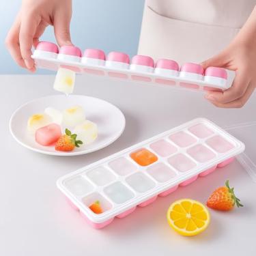 Imagem de Bandejas de gelo de 14 cubos para freezer, silicone fácil de liberar com tampas resistentes a derramamentos, molde de gelo reutilizável para coquetéis ou café gelado, rosa