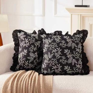 Imagem de HAUSFRAU Conjunto de 20 x 20 capas de almofada, estilo francês, florais, bordadas e renda com acabamento de babados, fronhas decorativas chiques para sofá, casamento, preto