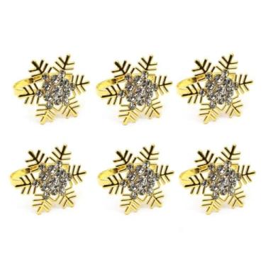 Imagem de Generic Anéis de guardanapo em forma de flocos de neve 6 peças/pacote com diamante incrustado de decoração de mesa design oco suporte de guardanapo de metal (ouro)