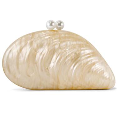 Imagem de NEWROGENG Bolsa clutch de acrílico para mulheres, elegante bolsa de noite de mármore com fecho magnético dourado para festa de casamento, Pérola branca