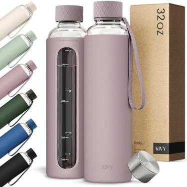 Imagem de KIVY Garrafa de água de vidro com manga de silicone de 940 ml [com medida] - tampa de rosca de garrafa de água de vidro borossilicato - garrafas transparentes com marcação de medida - estética fina