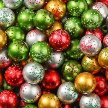 Imagem de BERMRO Contas de acrílico de 16 mm, 20 peças de contas focais de neve de Natal, contas de chiclete para artesanato, colar, pulseira, chaveiro para fabricação de joias (vermelho, verde, dourado e prata