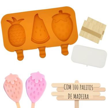 Imagem de Formas Sorvete Picole Caseiro Silicone Com 3 Cavidades Tampa 100 palitos (Abacaxi, melancia e morango)