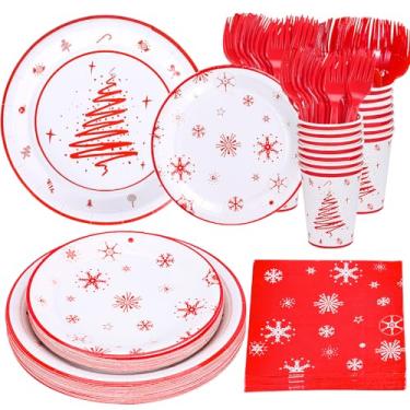 Imagem de Decodinli Decorações para festas de Natal, pratos e guardanapos descartáveis de Natal com pratos de papel, guardanapos, copos e garfos - Serve 25