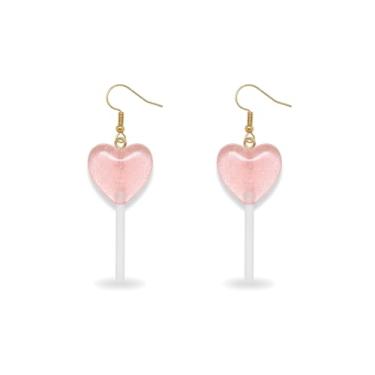 Imagem de ROSTIVO Brincos pendentes de pirulito de coração de acrílico – Design rosa para mulheres, Dia dos Namorados, festa, encontro e ideia de presente