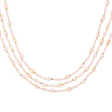 Imagem de Fianco Colares em camadas rosa para mulheres, joias ocidentais delicadas, acessórios para mulheres, luxuosos, boho, pedra natural, olho de gato, contas de sementes rosa, colar feito à mão, presentes