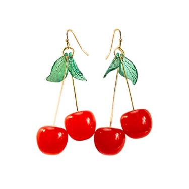 Imagem de Brincos femininos com pingente de cereja vermelha doce - cerejas vermelhas e folhas verdes - joias estéticas de primavera de frutas, Zinco, Metal