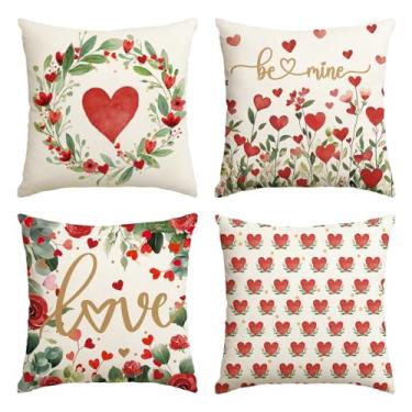 Imagem de AVOIN colorlife Capas de almofada de dia dos namorados, amor, coração, 40,6 x 40,6 cm, folhas, flores, guirlanda, rosa, seja minha, aniversário de casamento, capa de almofada para sofá conjunto de 4
