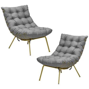 Imagem de Kit 2 Poltronas Sala Abel Base de Ferro Dourada Linho Cinza