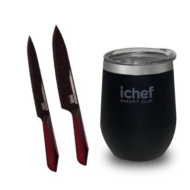 Imagem de Facas Ichef Professional Cut Red E Copo Térmico Com Tampa Ichef Smart Cup 350 Ml | Copo Preto