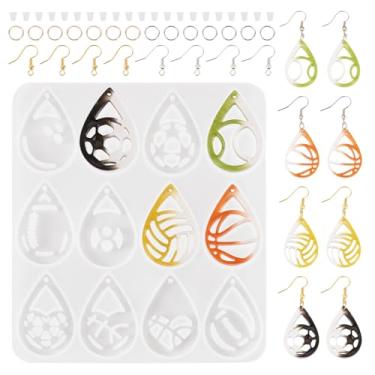 Imagem de KISSITTY 1 kit de fabricação de moldes de silicone para brinco de gota, moldes de fundição com ganchos de brinco e anéis abertos, moldes de silicone de resina epóxi de 106,5 x 95,5 x 4,5 mm para