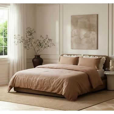 Imagem de Netbors Conjunto de capa de edredom 100% linho puro (1 capa de edredom, 2 fronhas) macio e respirável para todas as estações, adequado para pessoas com sono quente (marrom, queen (padrão dos EUA))