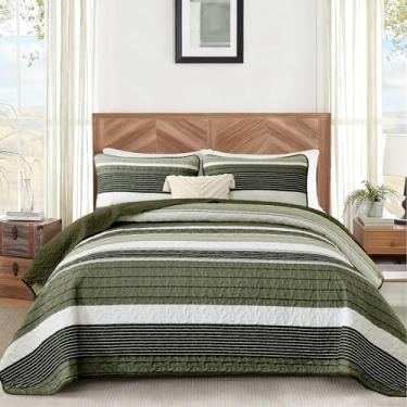 Imagem de Conjunto de colcha king size, verde sálvia, listrado, 3 peças, colcha de cama de verão, macio e leve com 2 fronhas, conjunto de edredom de microfibra macia para todas as estações, 279 cm × 228 cm