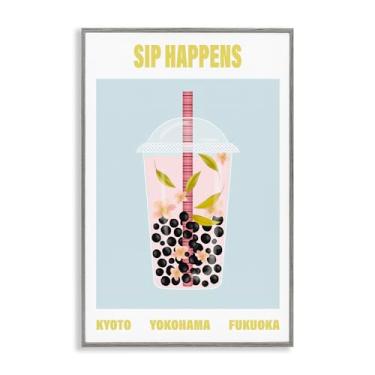Imagem de Stupell Industries Sip Happens Boba Tea Arte giclée emoldurada preta, design por A Barefoot Stylist, 76 x 50 cm