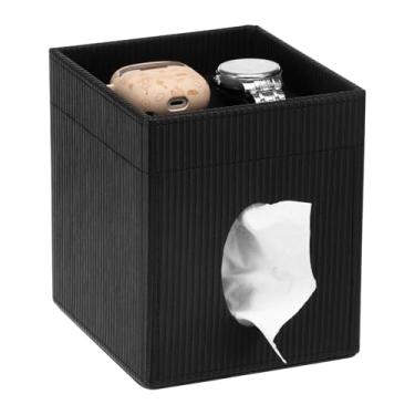 Imagem de Capa quadrada de couro PU com bandeja de armazenamento, capa de caixa de lenços elegante, cubo decorativo à prova d'água, dispensador de lenços faciais para banheiro, quarto, escritório (preto)