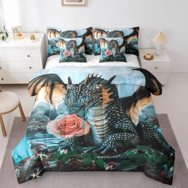 Imagem de Erosebridal Jogo de cama King de animais mágicos – cama de dragão de flores em uma bolsa, conjunto de edredom 3D de vida selvagem com lençóis, animais selvagens fofos, 7 peças, decoração de quarto