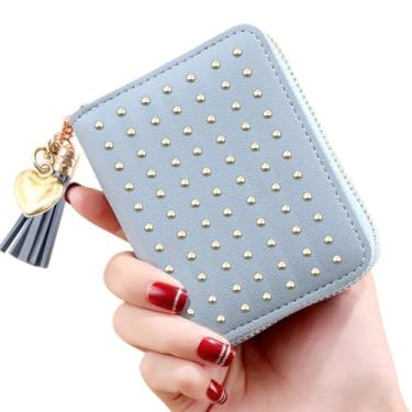 Imagem de Carteira feminina com zíper, carteira de poliuretano com compartimentos para cartões, porta-cartões de crédito pequenas com pingente de borlas, Azul, Simplicidade