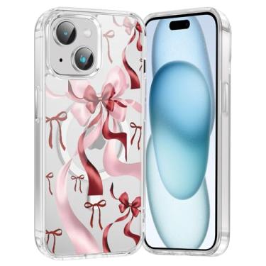 Imagem de Vulfwela Capa de celular com laço magnético para iPhone 15 de 6,1 polegadas, estampa de fita vermelha e rosa elegante compatível com MagSafe Slim TPU macio à prova de choque, antiamarelamento, capa