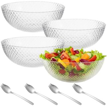 Imagem de Conjunto de tigelas de plástico transparente de quatro peças, tigela grande de salada transparente, tigela de plástico texturizado para frutas, vem com 4 garfos de aço inoxidável, empilháveis e