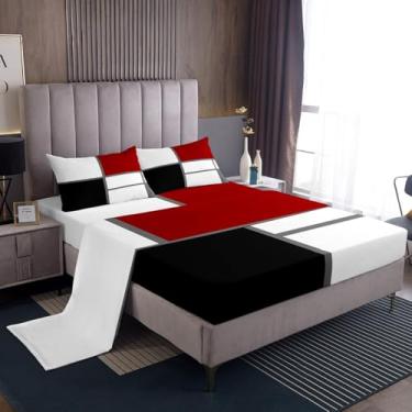 Imagem de Erosebridal Jogo de lençol Queen geométrico abstrato listrado vermelho e branco geométrico quadriculado arte moderna patchwork lençol de cima para minimalista