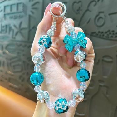 Imagem de Chaveiro de corrente de telefone cor brilhante laço frisado criativo chaveiro de telefone colorido e acessório de bolsa de mão (azul)