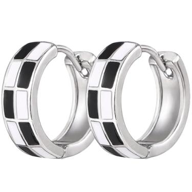 Imagem de Brincos xadrez para mulheres, preto, branco, xadrez, pequeno, argola, cartilagem, leve, hipoalergênico, Zinco, Sem pedra preciosa