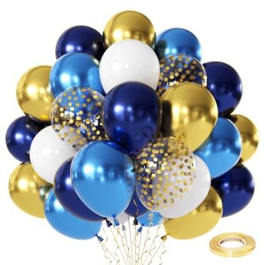 Imagem de Balões de confete azul marinho e dourado, 50 peças de balões de confete de látex azul metálico de 30 cm, balões de látex branco fosco com cordão de 33 metros para aniversário, chá de bebê, casamento