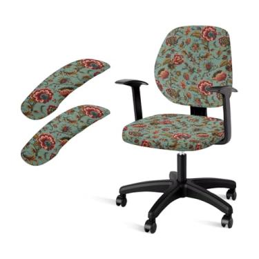 Imagem de Baxinh Conjunto de capas de cadeira de escritório com estampa floral, antiderrapante, para cadeira de escritório, conjunto de 4 capas de apoio de braço para decoração, verde