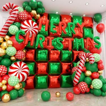 Imagem de HKYOOD 50 peças de fundo de parede de balões quadrados vermelhos e verdes com 170 peças, kit de arco de guirlanda de balão, faixa de Feliz Natal, bengala, doces, balões de alumínio dupla face para