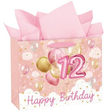 Imagem de WRAPAHOLIC Sacos de presente de aniversário de 12 anos de 33 cm com papel de seda - 12 anos de idade - Sacos de papel balão ouro rosa para meninas festa de lembrança de aniversário