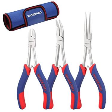 Imagem de WORKPRO Conjunto de mini alicates de 3 peças, alicate pequeno de ponta de agulha de longo alcance, inclui alicate de ponta de agulha de 18 cm, alicate de ponta dobrada de 15 cm, alicate diagonal de 14