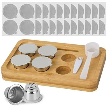Imagem de ZOCOVHI Cápsulas reutilizáveis para café expresso OriginalLine, 6 cápsulas recarregáveis de aço inoxidável compatíveis com máquina Nespresso OriginalLine (6 cápsulas + 100 tampas + bandeja de bambu)