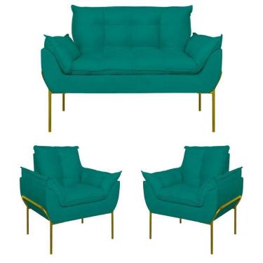 Imagem de Kit 02 Poltronas + Namoradeira Reforçada Opala Metal Dourado Azul Turquesa
