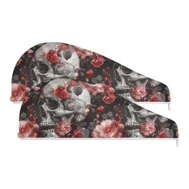 Imagem de SEHANY Toalha de cabelo de microfibra rosa e caveira para mulheres, 2 peças, turbantes de cabelo de secagem rápida com botão, touca de cabelo seco absorvente toalha de secagem de cabelo para cabelos