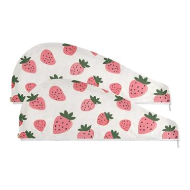 Imagem de SEHANY Toalha de cabelo de microfibra de morangos rosa aquarela para mulheres, 2 peças, turbantes de cabelo de secagem rápida com botão, touca de cabelo seco absorvente toalha de secagem de cabelo