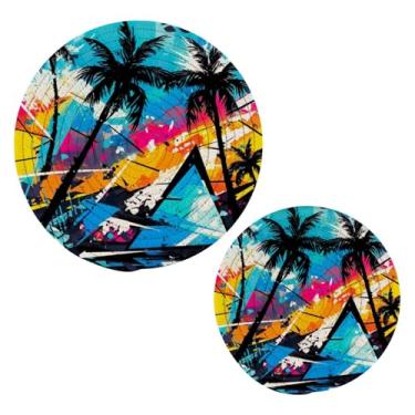 Imagem de Blueangle 2 peças de suporte de panela de palmeiras tropicais - conjunto de pegadores de panela de tecido redondo - almofadas quentes trançadas de algodão - porta-copos - tapetes de mesa para cozinhar