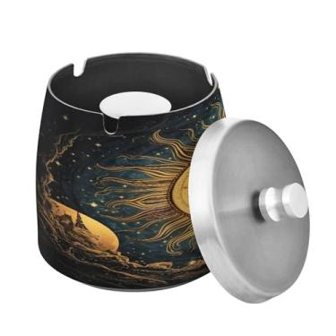 Imagem de Blueangle Cinzeiro de sol e lua com tampa para cigarros, à prova de vento/chuva, aço inoxidável, sem fumaça, inodoro, cinzeiro para uso interno ou externo (350)