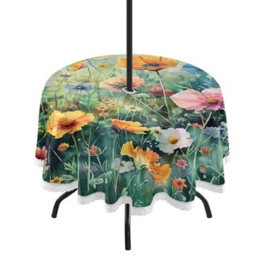 Imagem de Blueangle Toalha de mesa redonda impermeável com pintura de flores coloridas de 152 cm com orifício para guarda-chuva - Tecido resistente à prova de sol para todos os climas para pátio, acampamento
