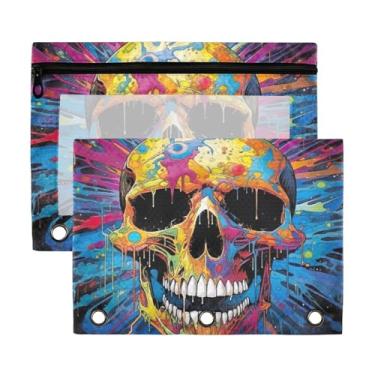 Imagem de Blueangle Bolsa de lápis de caveira colorida para fichário de 3 anéis, pacote com 2 bolsas de lápis com janela transparente com zíper para escritório (395)