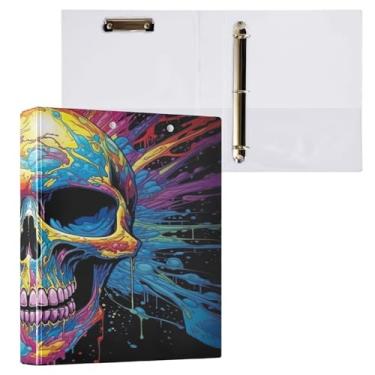 Imagem de Blueangle Fichário de caveira colorida com 3 anéis com prancheta e 2 bolsos - Organizador de documentos decorativos de 3 cm para escritório, suprimentos para reuniões (162)