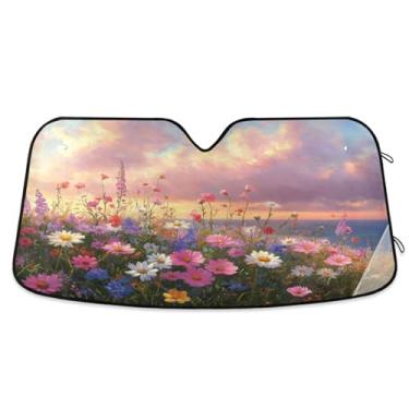 Imagem de ATTX Wildflowers by The Sea Para-brisa para carro 139.7 cm x 70.1 cm Protetor solar universal com proteção UV, persiana de janela frontal automática dobrável para caminhões Sedans SUVs #147