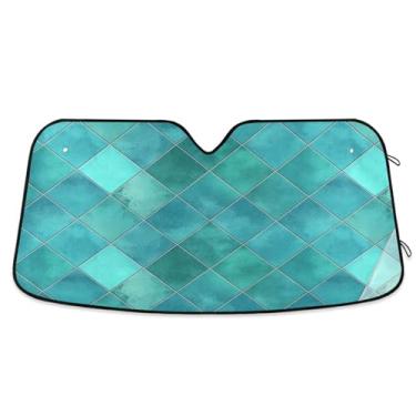 Imagem de ATTX Para-brisa de carro xadrez geométrico aquarela azul-petróleo 144.8 cm x 80.0 cm Escudo solar universal com proteção UV, persiana de janela frontal automática dobrável para Sedans SUVs caminhões