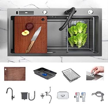 Imagem de HGTRH Lava-louças baixo balcão cinzento INOX, lava-louças cozinha 1 seio e drenador, sistema de drenagem inteligente lava-louças pequenas da INOX, nano antibacteriano lava-loiça cozinha um peito