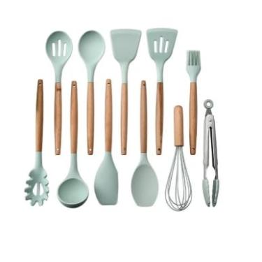 Imagem de Kit 12 peças de Utensílios de Silicone para Cozinha – Resistente ao Calor e Antiaderente, Seguro para Uso Doméstico e Confeitarias – Com Recipiente Organizadora (Verde)