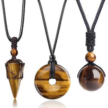 Imagem de YJTSWDXY 3 unidades de colar de cristal natural moeda da sorte pingente de rosquinha, ponta hexagonal, pingente de contas para mulheres e homens, 14-27 inch, Pedra, Obsidiana