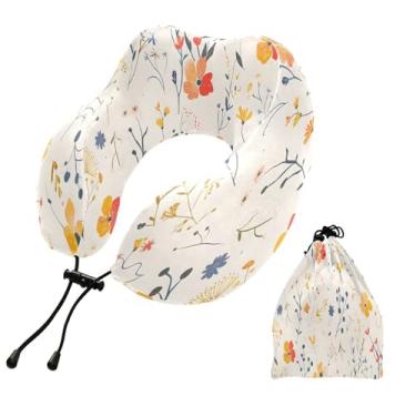 Imagem de CEBUGI Travesseiros de viagem portáteis em forma de U, travesseiro de pescoço de espuma viscoelástica com trava de corda ajustável para avião, viagem, trem, negócios, escritório, soneca (floral