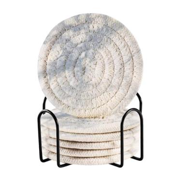 Imagem de Wassud Porta-copos com suporte, fundo de mármore branco, conjunto de porta-copos de tecido absorvente para decoração de casa, proteção de mesa, 6 peças