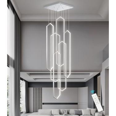 Imagem de Lustre moderno de 6 anéis com LED, luminária pendente dimerizável e ajustável, ideal para hall de entrada, saguão e escadas.